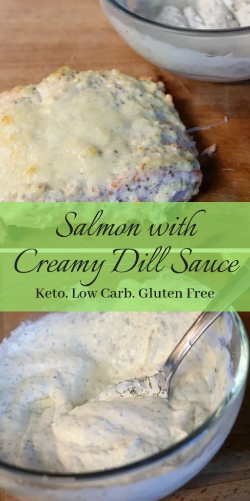 Low carb Keto salmon with creamy dill sauce. Low Carb, Gluten Free, Keto salmon perfect for weeknight meals. Done in 30 minutes and perfect for a busy keto loving mom! 