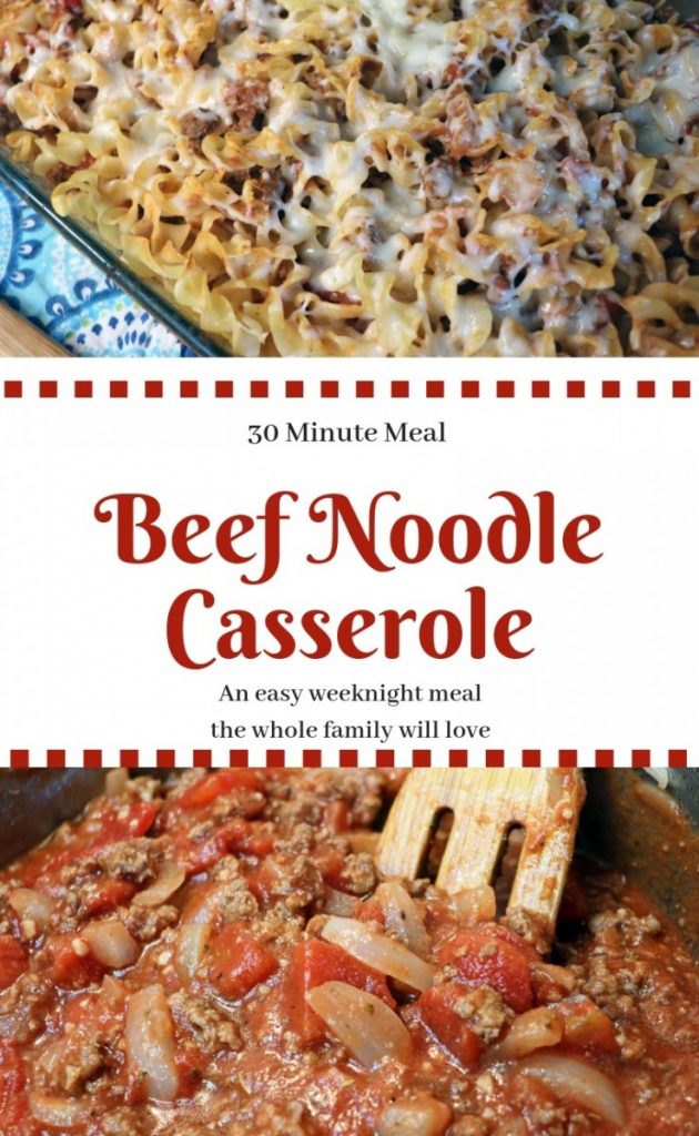 Beef Noodle Casserole. An easy weeknight meal done in under 30 minutes. Ground beef, egg noodles, diced tomatoes, cheese and tomato sauce. 