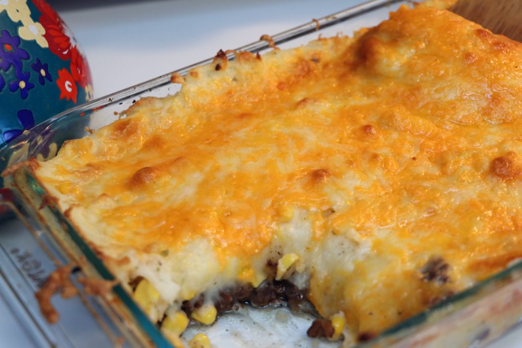 Easy-Shepard's-Pie. Shepherd's Pie with corn and instant mashed potatoes