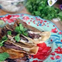 Freshly made Birria Tacos on a plate with beef and cilantro