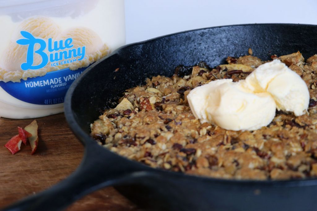 Cast Iron Cinnamon Apple Crisp with vanilla ice cream 