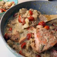 Enjoy this creamy salmon and shrimp with roasted tomatoes and Italian seasoning without the carbs! This low-carb/keto-friendly seafood dish is delicious, easy to make, and will have the whole family enjoying dinner together.