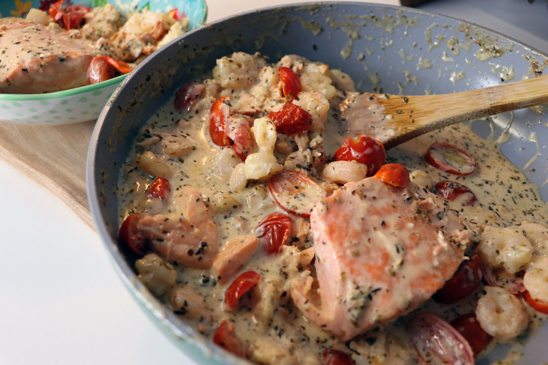 Enjoy this creamy salmon and shrimp with roasted tomatoes and Italian seasoning without the carbs! This low-carb/keto-friendly seafood dish is delicious, easy to make, and will have the whole family enjoying dinner together.