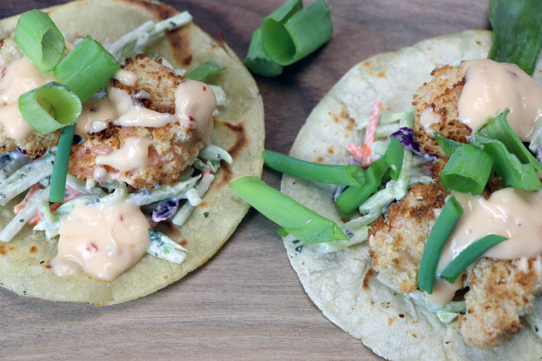 Bang Bang Shrimp Tacos with Creamy Cilantro Lime Slaw