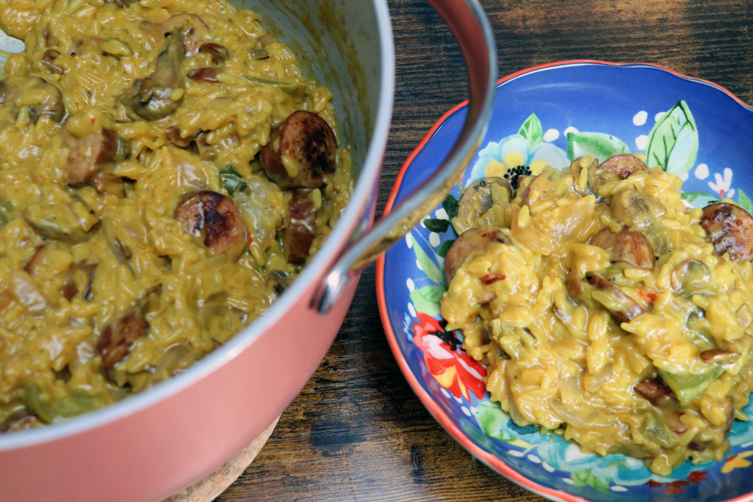 cheesy one pot sausage and yellow rice 