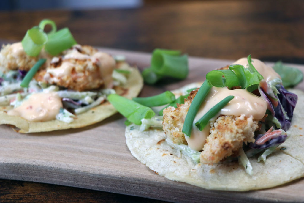 Bang Bang Shrimp Tacos with Creamy Cilantro Lime Slaw