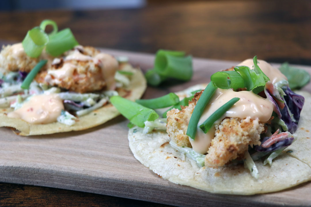 Bang Bang Shrimp Tacos with Creamy Cilantro Lime Slaw