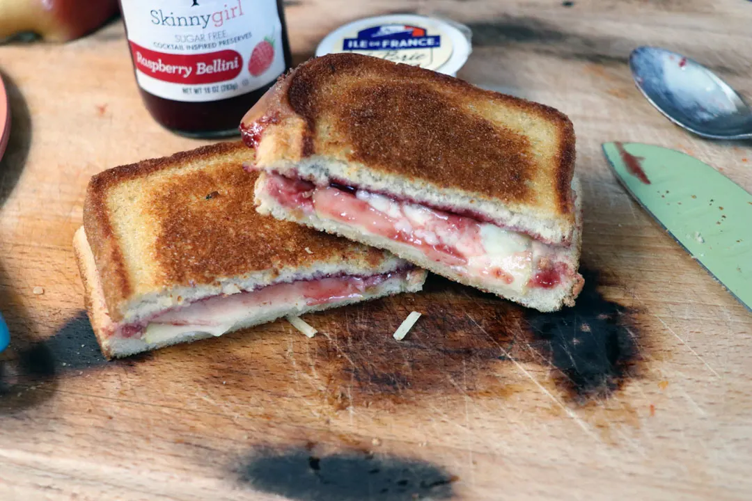 fancy grilled cheese with apples, brie, and raspberry jam