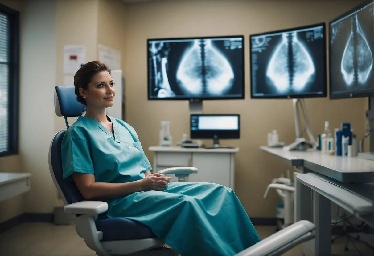 A patient sits in a dentist's chair, while the dentist examines X-rays. The room is filled with medical equipment and posters about wisdom teeth removal