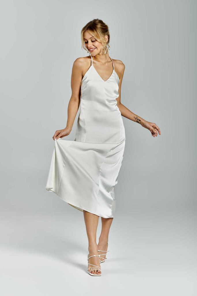 halter midi satin wedding dress