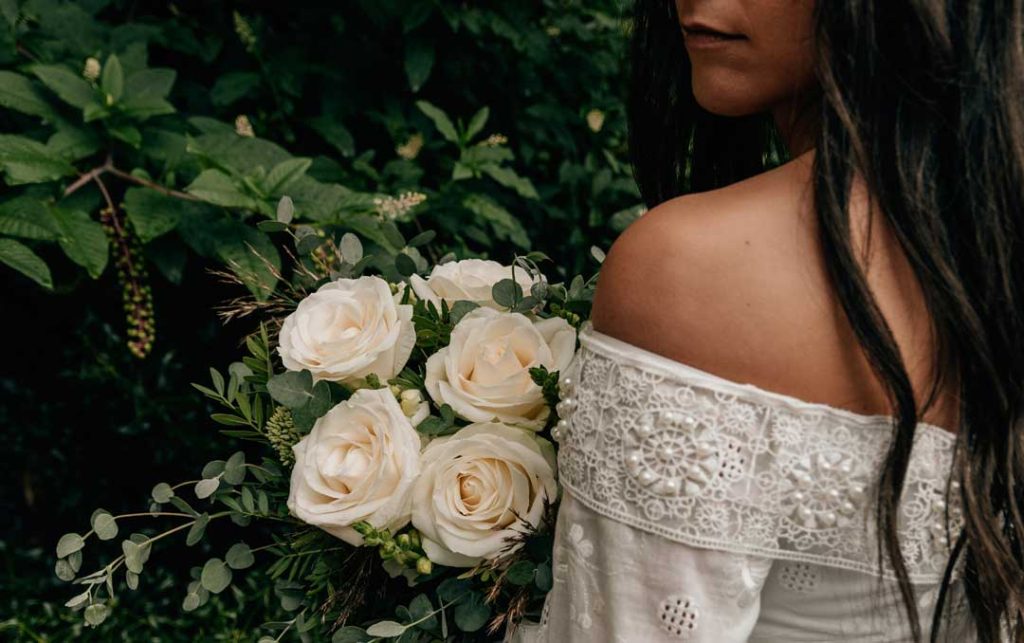 off-the-shoulder floral lace wedding dress