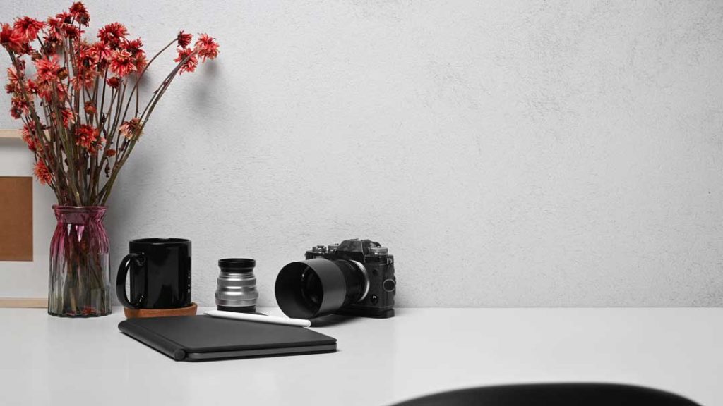Blogging workspace with camera for YouTube content creation