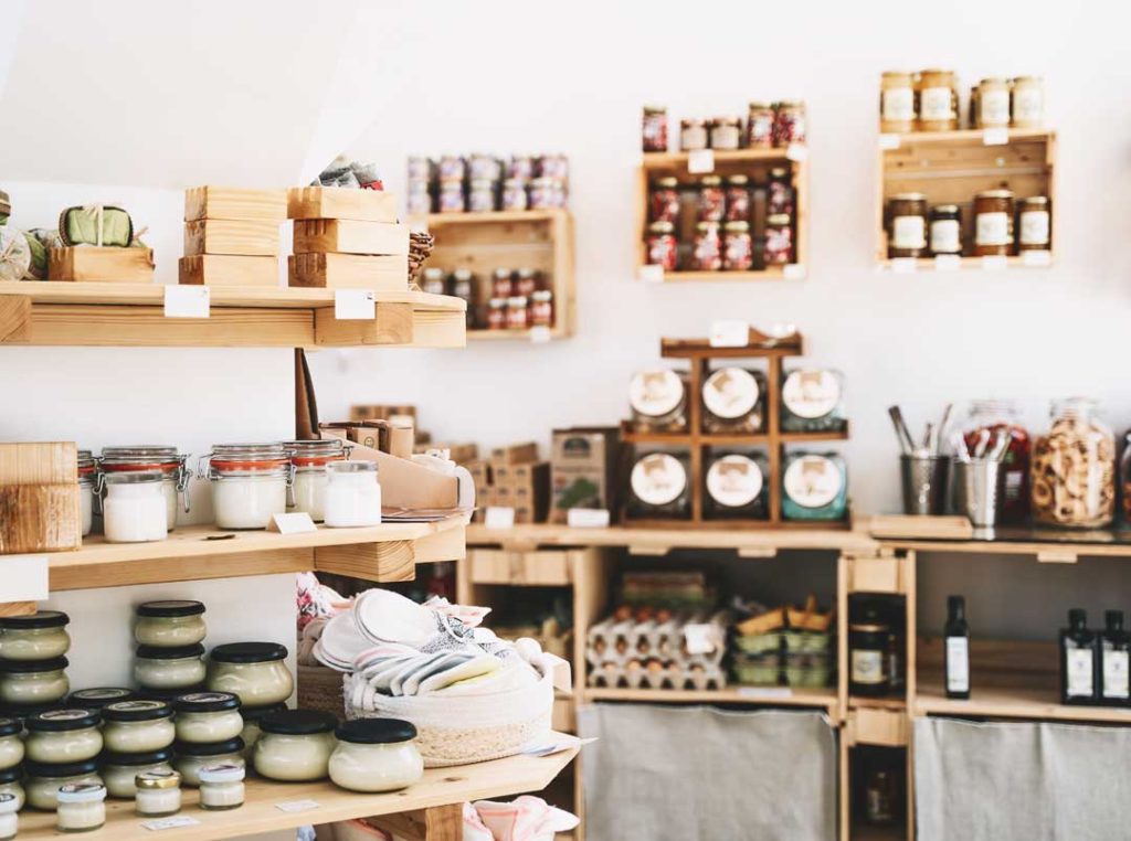 Boldly designed product packaging stands out on a crowded store shelf.