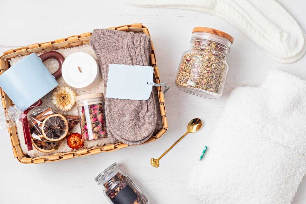 Personalized holiday gift basket with snacks and treats