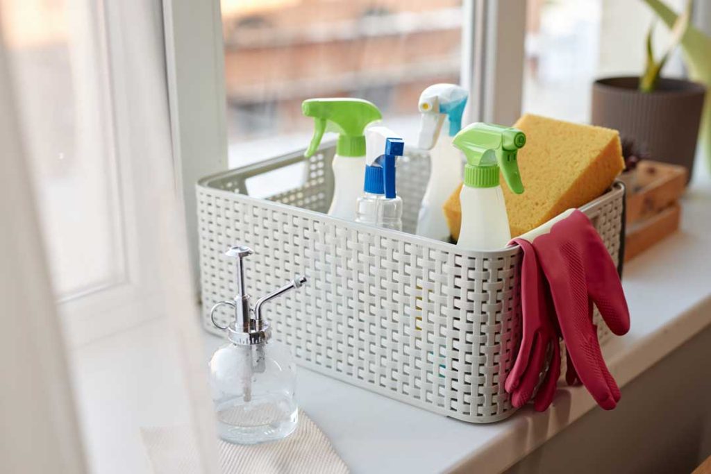 Portable cleaning caddy stored under kitchen sink for easy access
