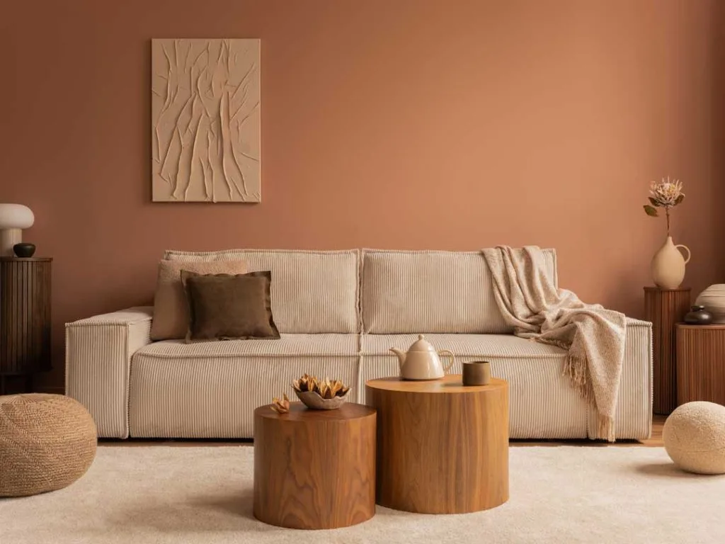Cozy living room with plush furniture, warm lighting, and layered rugs