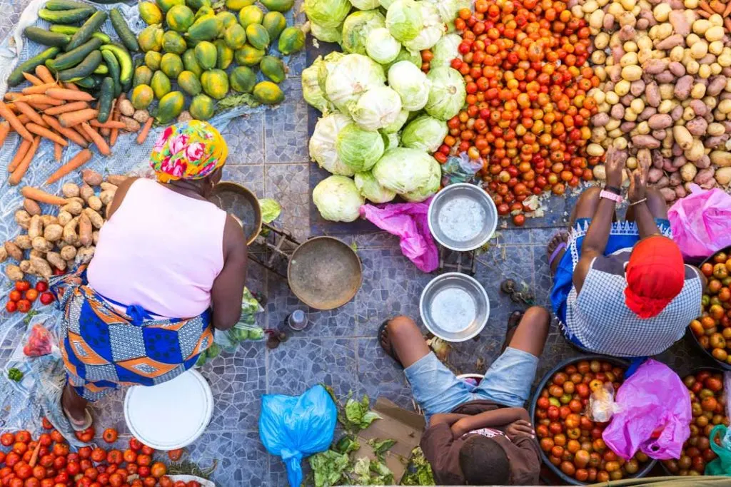 A vibrant scene at a local market in a foreign country