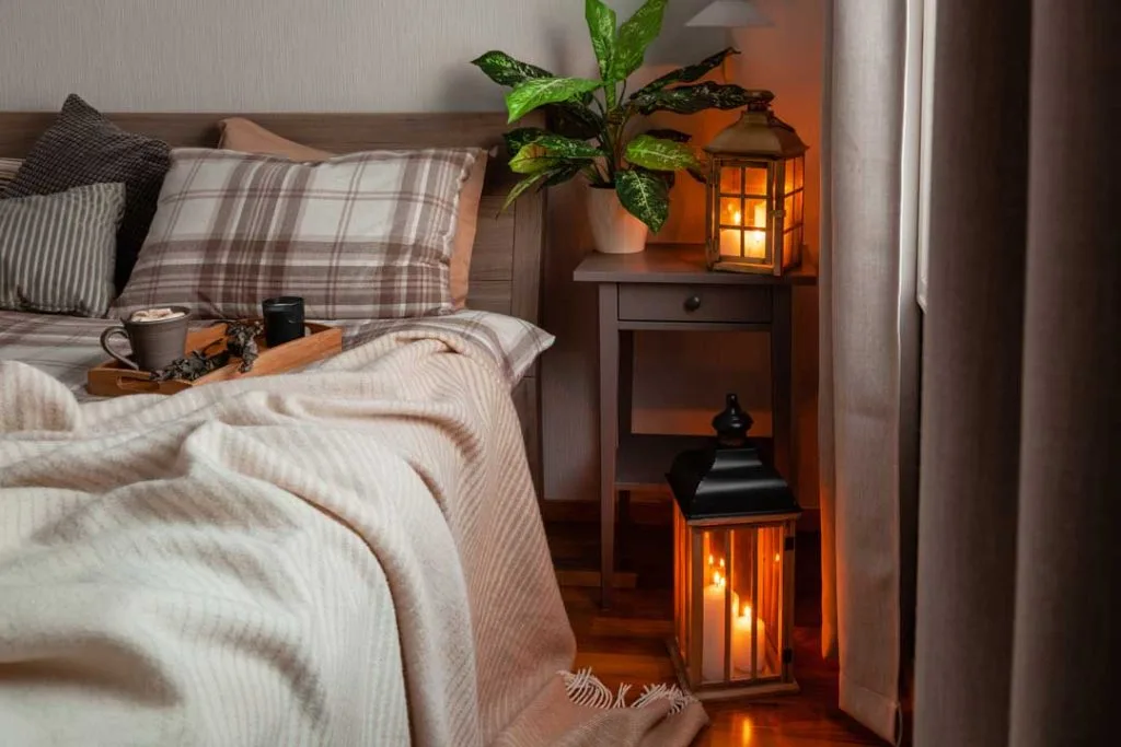 Bedroom corner with a reading lamp and cozy throw blanket