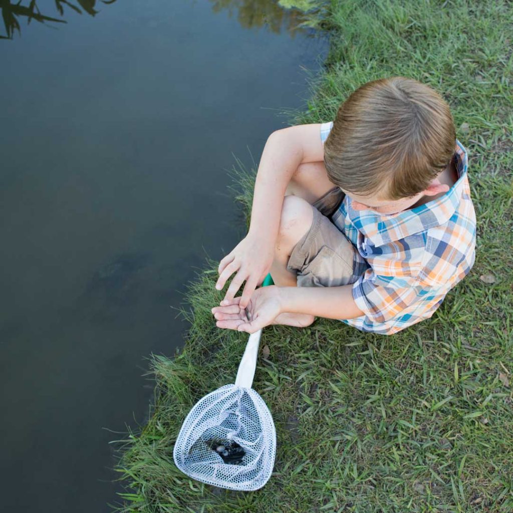 A child carefully releasing a fish back into the water with the help of an adult, demonstrating responsible catch-and-release practices during a family fishing trip.