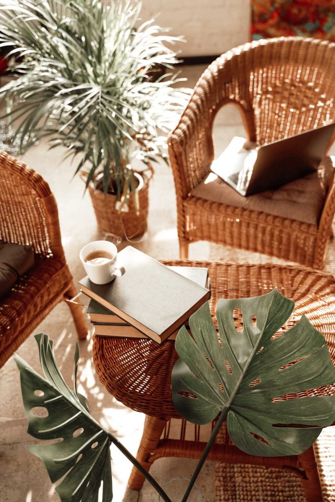 Warm, natural materials like wood and rattan enhance cozy home decor