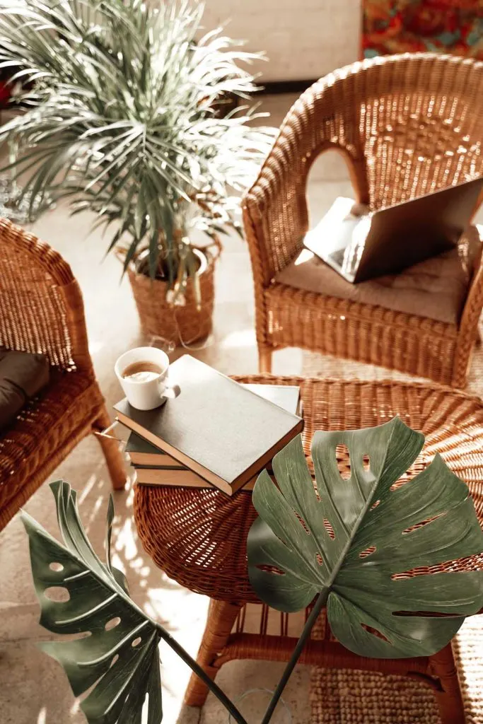 Warm, natural materials like wood and rattan enhance cozy home decor
