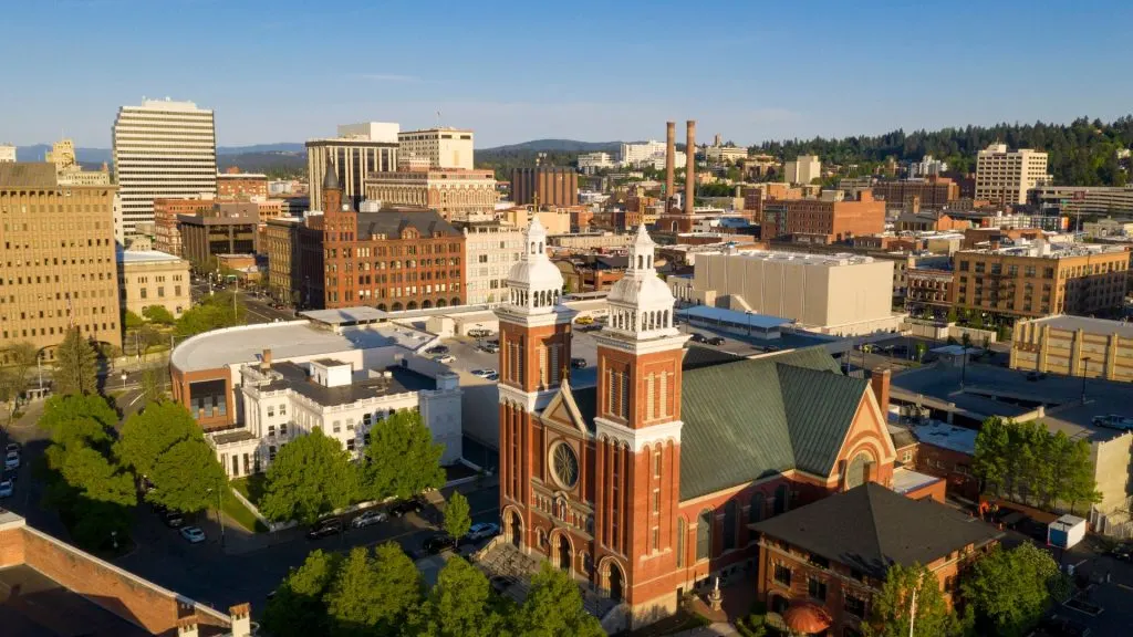 Downtown Snohomish with historic buildings and Main Street v