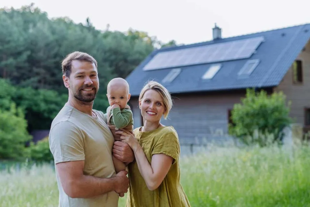 Home with sustainable roofing and happy owner enjoying eco-friendly benefits