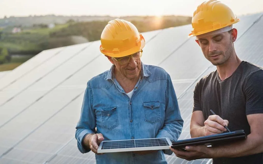 Photo of a roofing team using a tablet on-site.