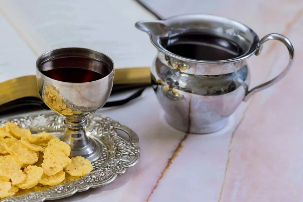 Prefilled communion cups set up for outdoor worship