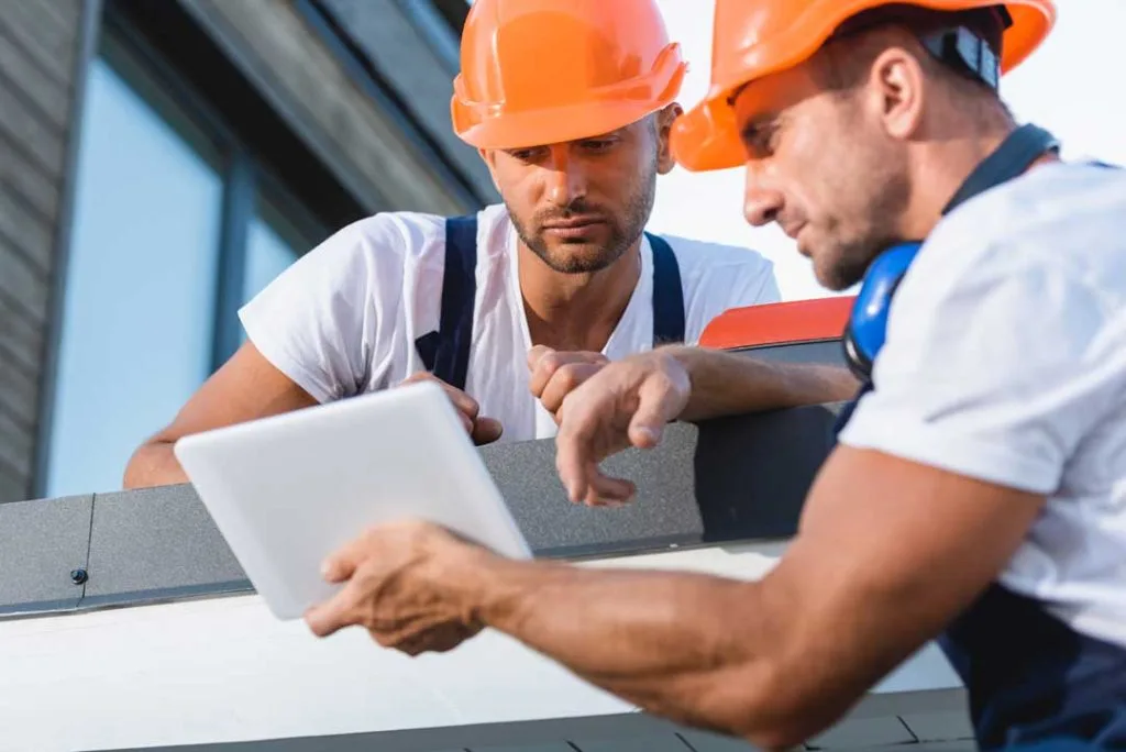 Roofing team reviewing aerial roof measurements on a digital tablet.