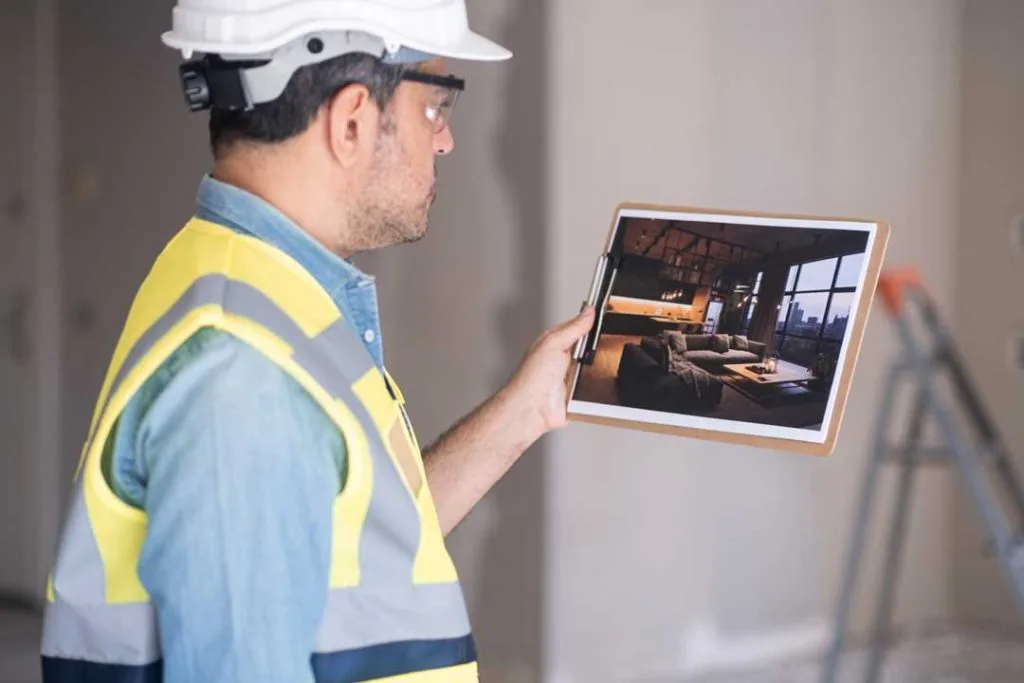 Worker holding a tablet with a 3D roof model displayed