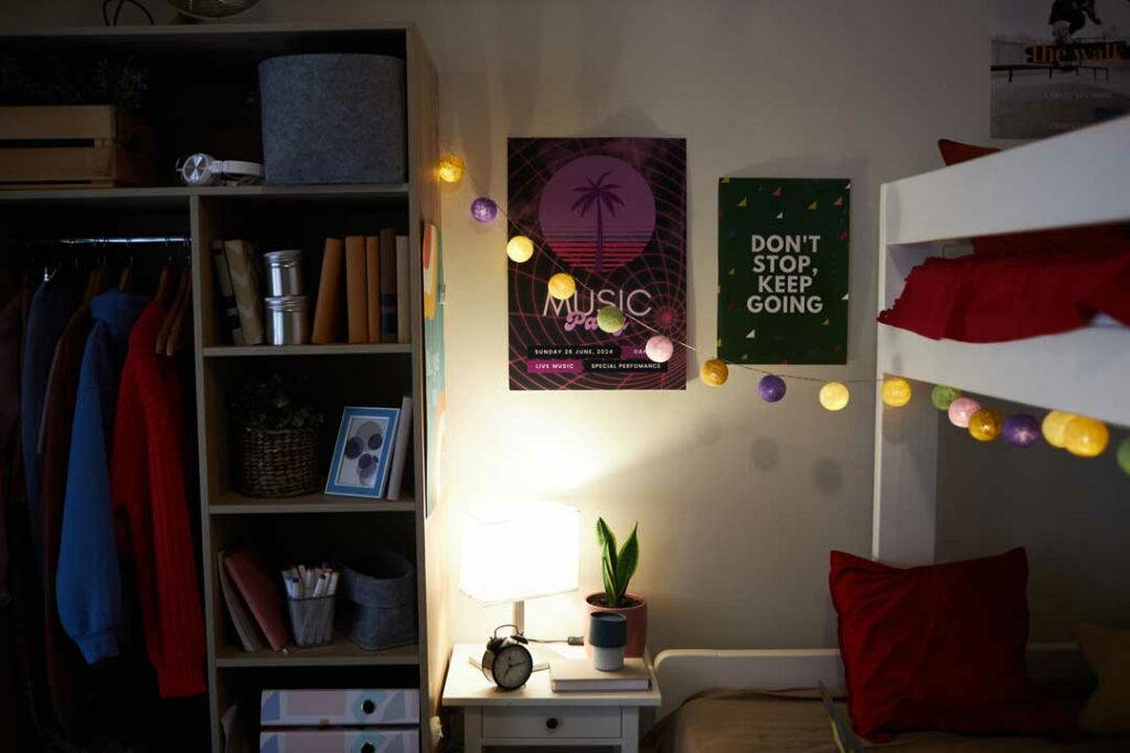  Personalized student dorm with photos, string lights, and wall art