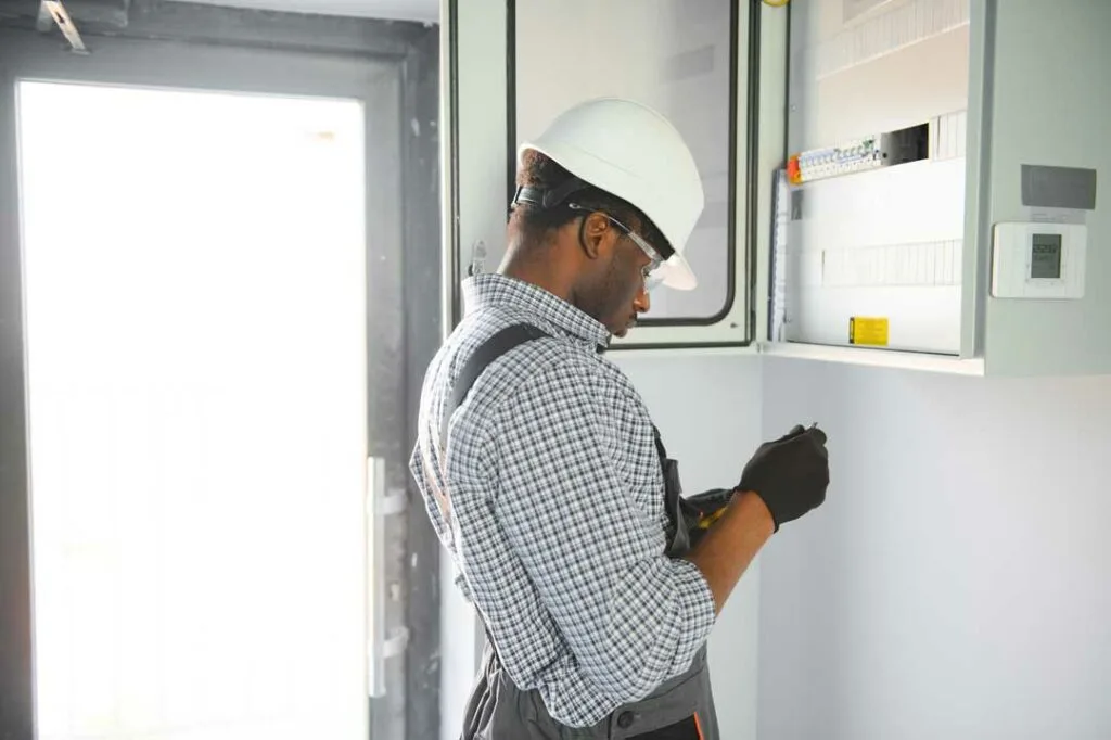 Emergency electrician checking home electrical panel
