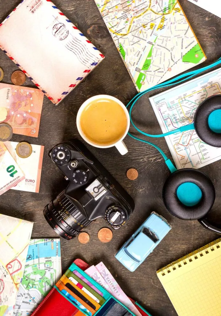 Flat lay of travel planning essentials