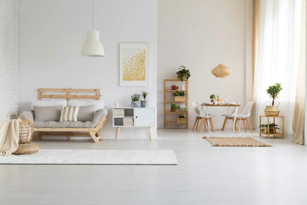 Clutter-free minimalist room with open layout and calming vibe