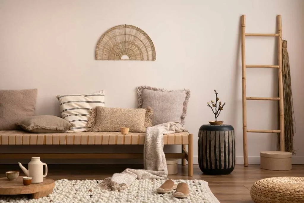 Room with neutral walls, coordinated rugs, and accent decor