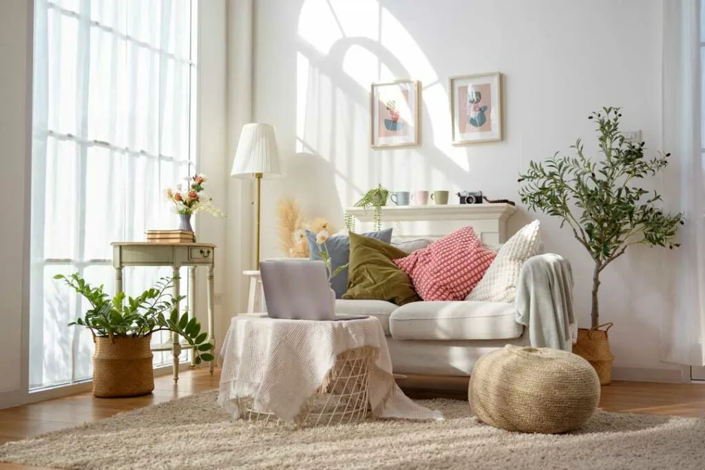 Cheerful living room with light furniture and sunlight streaming in