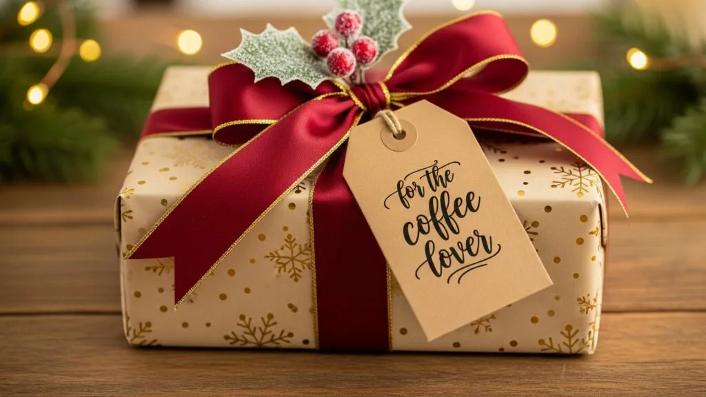 A wrapped gift box with a tag that reads “for the coffee lover” and a holiday ribbon