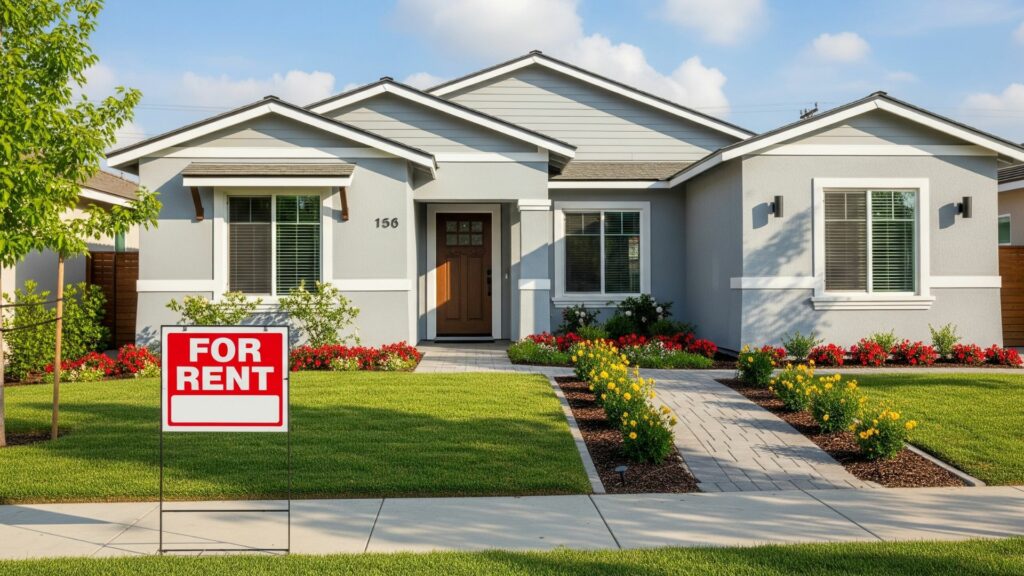 Rental property with for rent sign and updated curb appeal