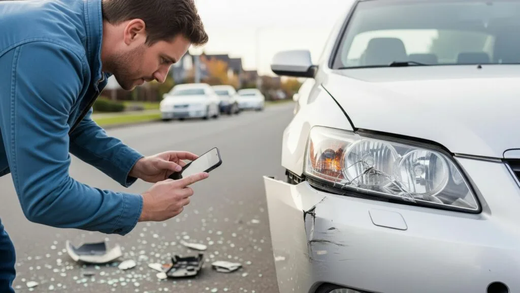 Driver documenting car accident damage with photos for insurance claim