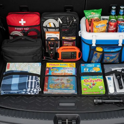Car emergency essentials packed in the trunk for road travel