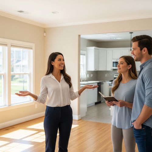 Property manager helping prospective tenants tour available rental unit