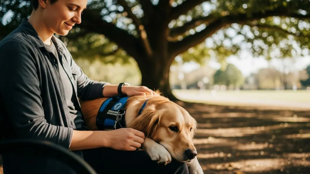 Handler with psychiatric service dog sitting peacefully