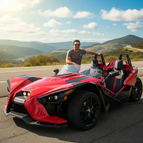 Happy driver standing beside Polaris Slingshot during weekend outing