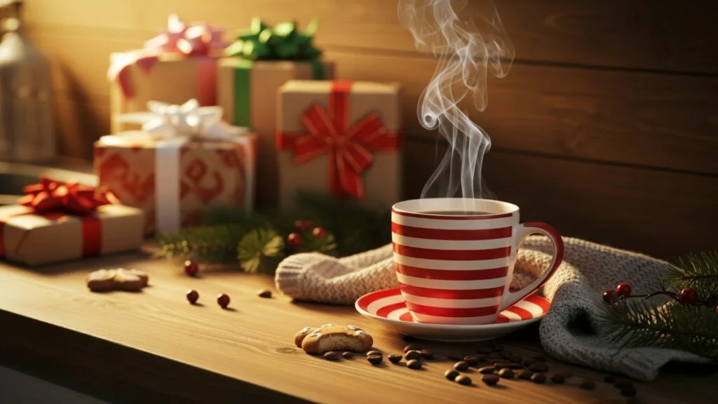 Holiday coffee mug with wrapped gifts and cozy winter décor