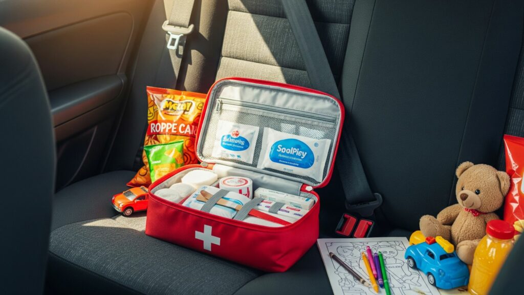 First-aid kit prepared for family road trip emergencies