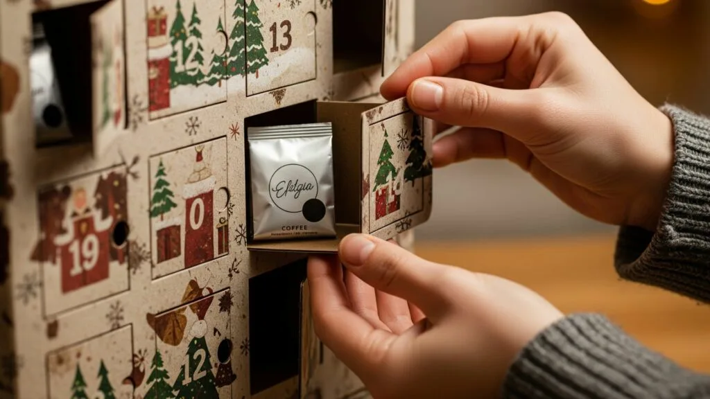 Opening a coffee advent calendar for a festive morning brew