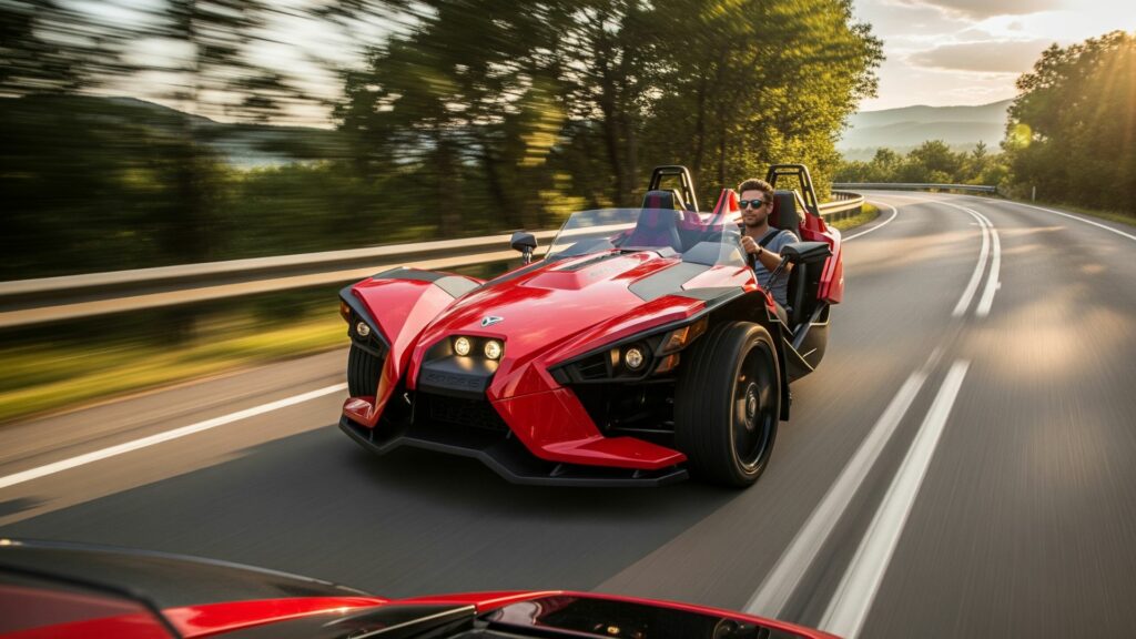 Person driving Polaris Slingshot on road with motion blur and open-air view