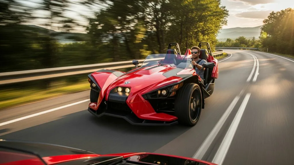 Person driving Polaris Slingshot on road with motion blur and open-air view