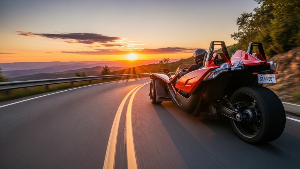  Polaris Slingshot driving into sunset on winding scenic road.